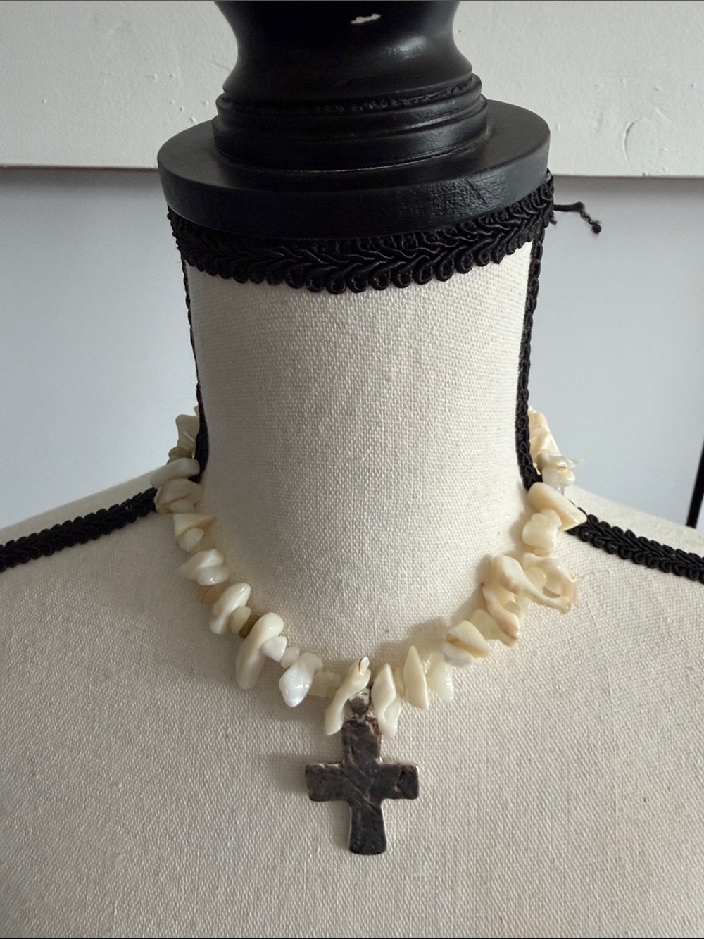 Free People Handmade Cream Shell Chip Necklace with Cross Pendant